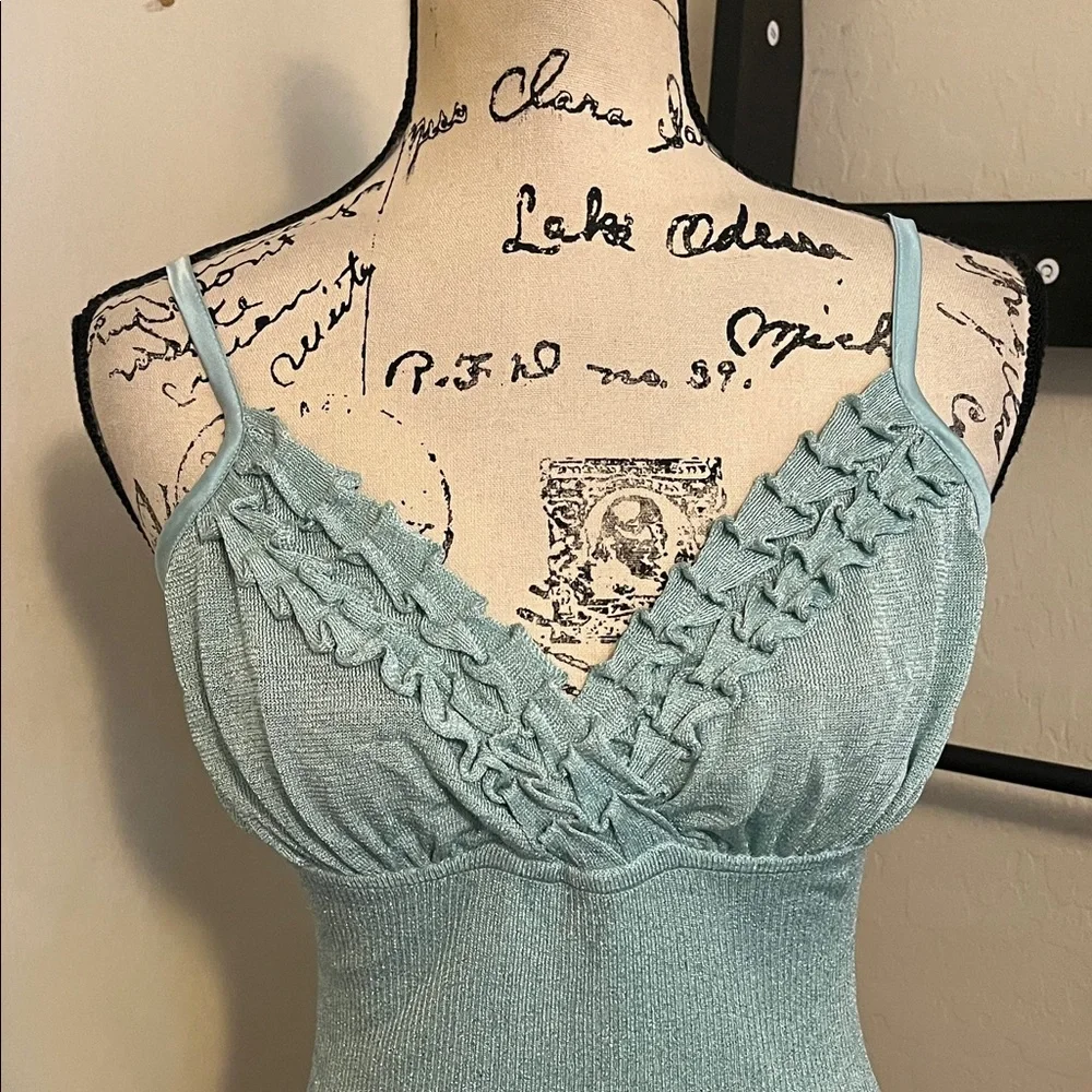 SOLD Y2K Bebe O Blue Metallic Ruffled Camisole Tank Top Party Event 2000’s New - Picture 4 of 11